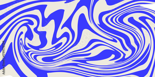 Blue wavy lines abstract background. Trendy psychedelic retro style backdrop. Waves, swirl and twirl pattern. Twisted distorted vector texture.