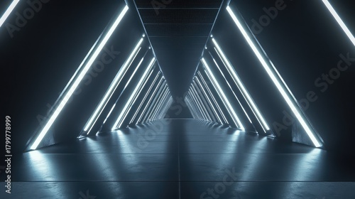 Fototapeta Naklejka Na Ścianę i Meble -  Futuristic dark tunnel with neon light triangles creating perspective