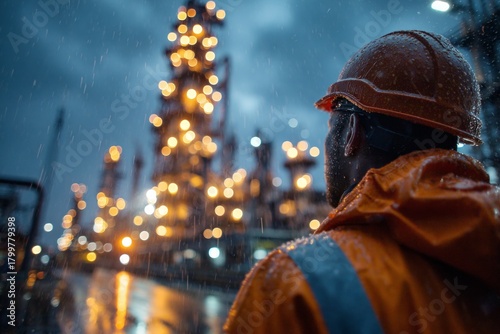 Worker in safety gear overlooking an illuminated industrial plant at night in the rain