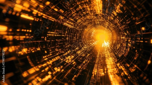 Fototapeta Naklejka Na Ścianę i Meble -  Digital data flowing through abstract orange tunnel