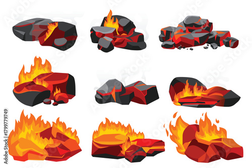 Burning coal with fire set vector illustration. Cartoon isolated black charcoal pieces and hot lump burn in fireplace with flame and smoke, glowing embers and flaming orange stones from grill oven