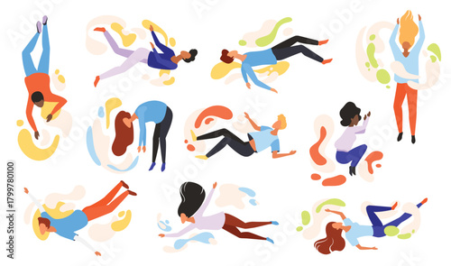 People flying set vector illustration. Cartoon isolated young woman and man floating in imagination space, characters falling down in gravity, free jump and flight action of person in fantasy sky