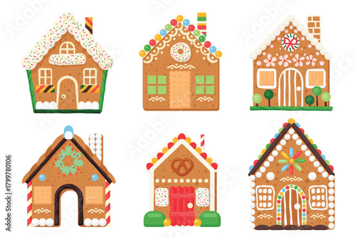 Vector illustration of gingerbread houses. Cartoon baked town buildings with candy, sugar icing snowflakes, and chocolate decorations on windows and doors.