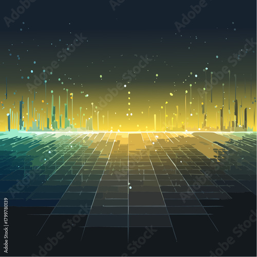 Virtual Reality Grid with Glowing Skyline
