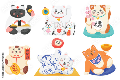 Maneki neko, Japanese lucky cats set vector illustration. Cartoon isolated cute happy animal characters collection with good luck and money Asian symbols, funny symbolic kitty waving with smiles
