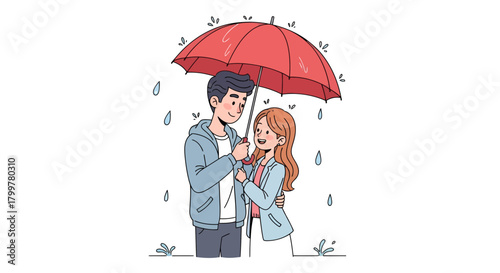 Illustration of a loving couple enjoying a rainy day protected by a red umbrella