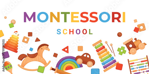 Montessori banner design vector illustration. Cartoon isolated cute rainbow wooden toys for early development of baby kids and preschool education in kindergarten, Montessori school lettering