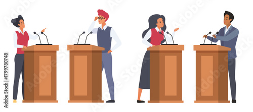 Debates between two speakers on rostrums set vector illustration. Cartoon isolated male and female politicians argue behind podiums with microphones, public politics dialogue of woman and man