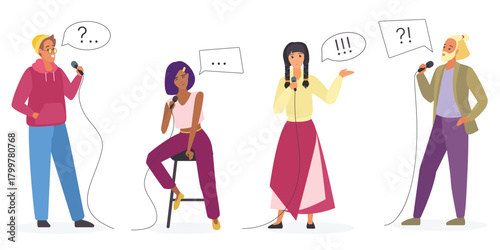 Stand up comedians set vector illustration. Cartoon isolated male and female comic characters standing or sitting, holding microphone to speak monologue and jokes, punctuation in speech bubbles