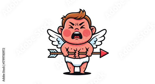 Frustrated Cupid with Broken Arrow: A Whimsical Valentine's Day Illustration ready to design