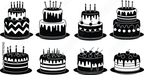 Birthday cake silhouette collection, layered dessert illustration with candles and cherries, sweet bakery pastry vector for celebration, party decoration and confectionery design