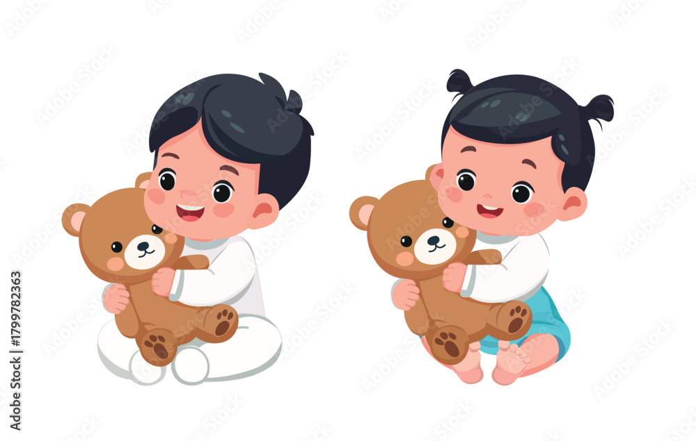 Fototapeta premium baby boy and girl playing with teddy bear