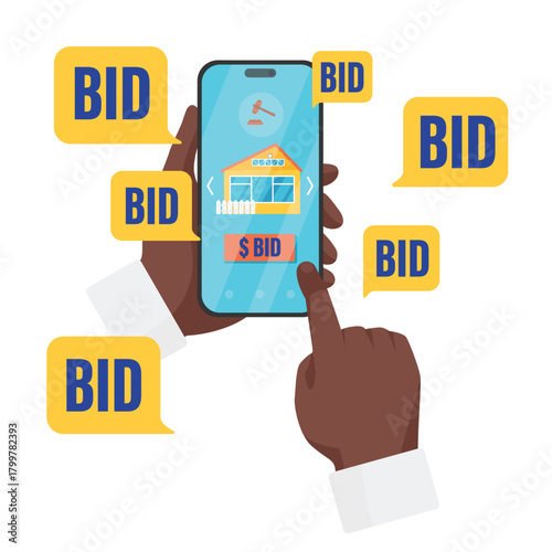 Online auction website for family home sale, bidding property and purchase decision in mobile app. Human hand holding smartphone to bid, offer price and buy real estate cartoon vector illustration