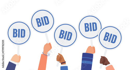 Auction sale and bidding process, financial competition of money offers. Diverse group of bidders and competitors holding Bid paddles in hands to vote and buy valuable item cartoon vector illustration