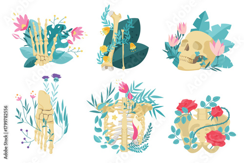 Human skeleton bones in flowers set. Floral pattern and skull, beautiful roses and pelvic bones, hand and foot with wild pink flowers, romantic poetry of death collection cartoon vector illustration