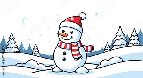 Festive winter charm a cheerful snowman cartoon scene amidst a snowy landscape illustration