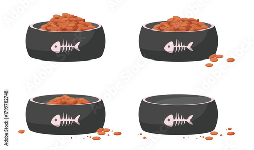 Pet food eating by hungry cat set, sequence game animation. Animated steps of eaten dry food from plastic black bowl with fish bone, pieces of food disappear from plate cartoon vector illustration