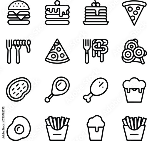 Outline icon collection for various fast food, desserts, and meals. Vector
