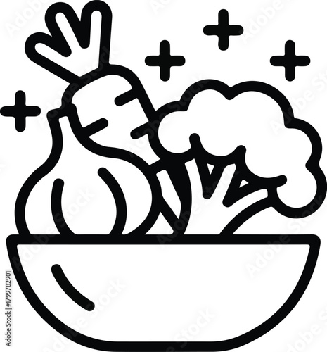 Fresh healthy produce bowl icon with garlic, carrot, broccoli Vector