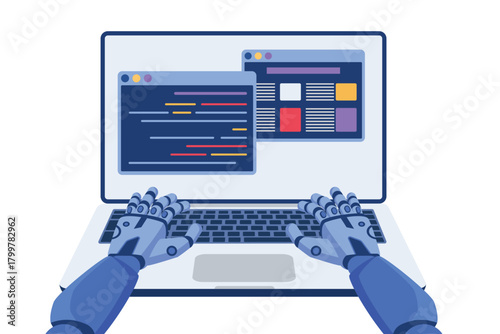 Robot coding and sitting at laptop, hands of bot working with program windows cartoon vector illustration. Software code automation development using AI, machine learning, tech service and chat.