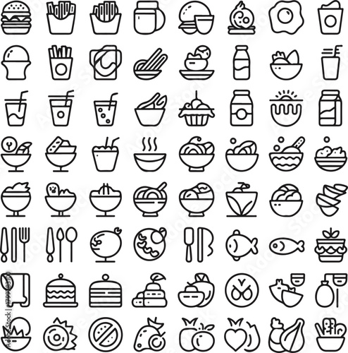 Modern food and beverage outline icon set, diverse culinary items. Vector