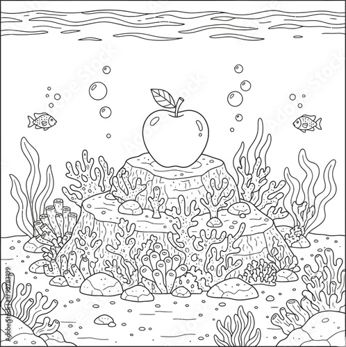 Surreal Underwater Scene with Apple on Coral Reef – Creative Ocean Illustration Featuring Fish, Sea Plants, and Marine Elements