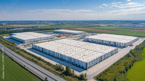 Panoramic aerial view of a large industrial park with multiple warehouses and loading bays, showcasing logistics and distribution