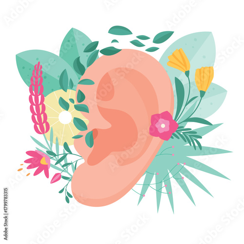 Hearing health care, audiology therapy and wellbeing. Human ear with summer blooming wild flowers and green plants, attention to healthy senses, deaf disability awareness cartoon vector illustration