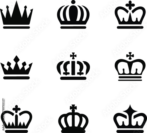 Collection of royal crown icons representing power and authority. Vector