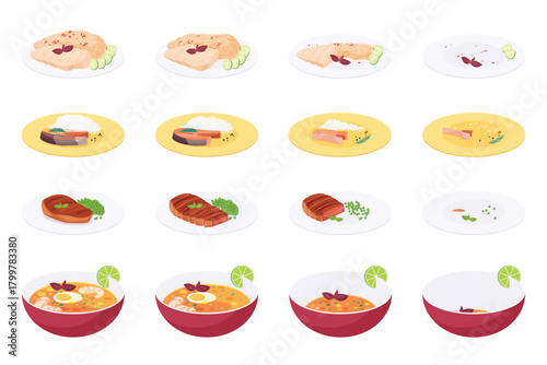 Eaten dinner food set, sequence game animation. Animated stages of eating portion of healthy dishes, plates of meat and fish steak served with garnish, bowl of shrimp soup cartoon vector illustration
