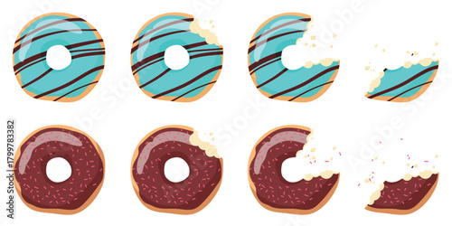 Bitten and eaten donut set of animation sequence. Stages of doughnut with mint and chocolate glaze eating, cake bites from whole to half and to small piece with crumbles, cartoon vector illustration