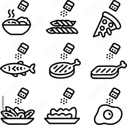 Food seasoning icons set: rice, bread, pizza, fish, meat, egg, salad Vector