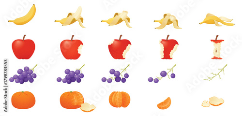Eaten fruits set, sequence game animation of bitten food. Animated steps of eating banana with peel from whole to disappear, red apple and grapes on branch, tangerine cartoon vector illustration