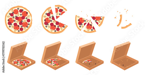 Eaten pizza set, sequence game animation. Animated stages of eating pizza slices, top and isometric 3D view of whole round pizza, pieces disappear from table, open box cartoon vector illustration