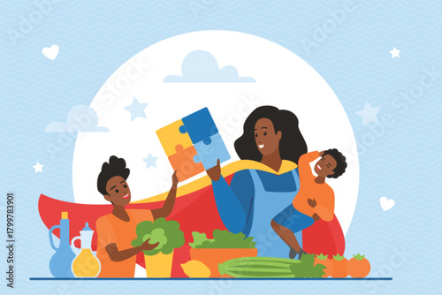 A mother depicted as a superhero with her children, engaging in various activities like cooking and playing, highlighting strength, care, and family unity vector illustration.