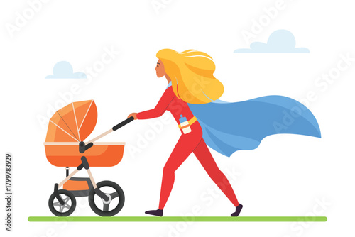 Superhero mother pushing stroller with newborn baby. Strong supermom wearing protective cape of super hero and walking with kids carrier, love and protection from mom cartoon vector illustration