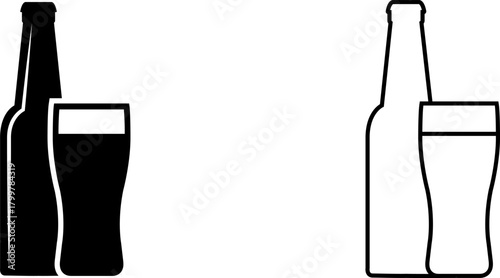 Iconic design of beverage bottles and glasses with variations in color and style for branding and marketing purposes