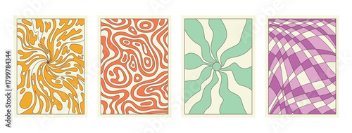 Groovy cartoon psychedelic patterns set. Artistic retro abstract wavy stripes and irregular figures, sun with radial rays and liquid in backgrounds collection of 70s 80s style vector illustration