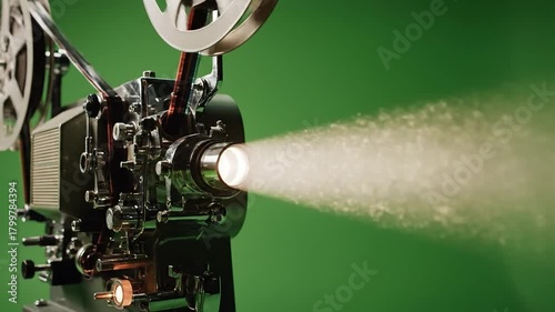 Nostalgic Cinema: Vintage Film Projector Illuminating a Green Screen Background Creates a Retro