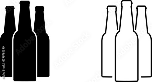Design of four beer bottles in solid black and outline style representing a popular drink choice
