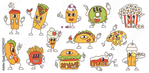 Groovy cartoon psychedelic food characters set. Funny retro fast food emoji with trippy distorted face, many eyes and smile. Pizza with cheese and burger, hotdog and cake stickers vector illustration