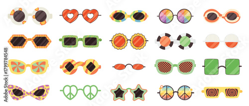 Groovy cartoon sunglasses set. Funny retro glasses with frames of flower and heart, psychedelic rainbow and star, round and square shapes. Boho outfit collection of 70s 80s style vector illustration