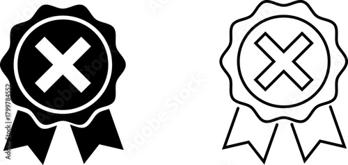 Black and white badge icons with crossed out design representing disapproval or cancellation