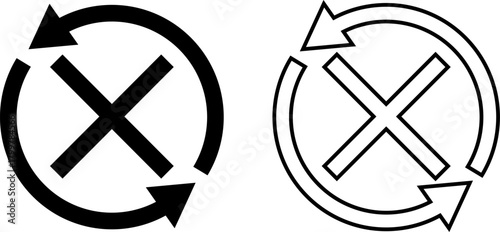 Unique circular arrows with cross symbol representing recycling or exchange concepts clearly displayed in black and white designs