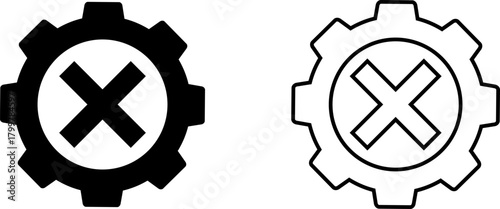 Gear icon with a cross symbol representing cancellation or removal in a simple design