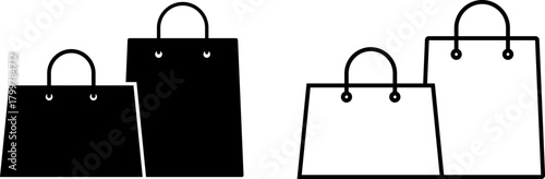 Stylish shopping bag icon set showcasing modern design in black and white styles suitable for various applications