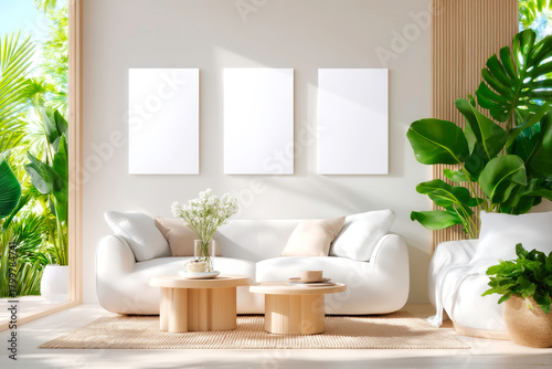 Contemporary living room scene with wall poster mockup for interior design