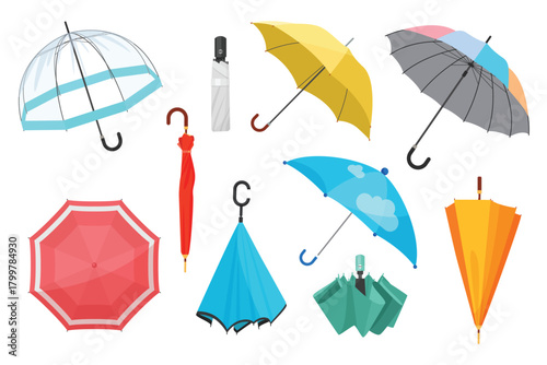 Closed and open umbrellas set. Cute waterproof parasols with handle to protect from autumn and spring rain and storm, colorful modern umbrellas collection for rainy weather cartoon vector illustration