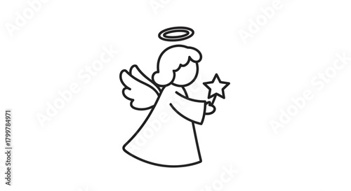 Elegant outline of ethereal angel figure holding a star with halo, festive illustration