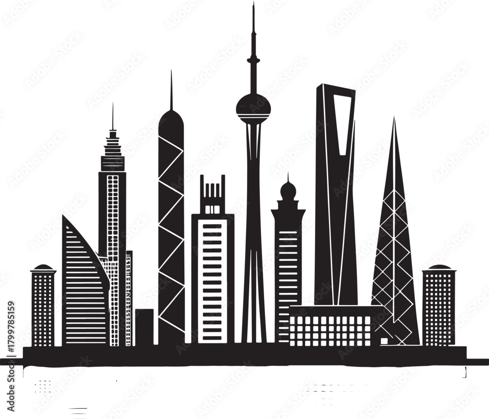 Fototapeta premium Modern minimalist black-and-white vector city skyline with geometric buildings, sharp silhouettes, long shadows, clean outlines, balanced negative space, and professional corporate style.